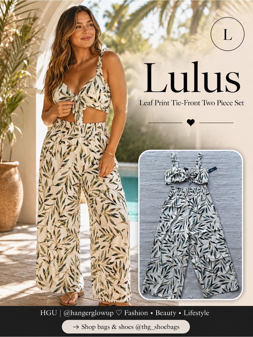 Lulus Leaf Print 2 Piece Crop Top Wide Leg Pants Resort Set L NWT